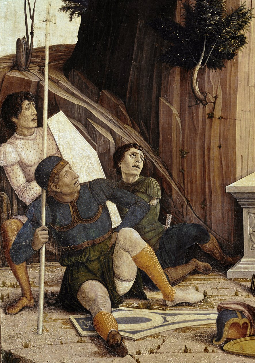 Ylösnousemus, yksityiskohta San Zenon alttaritaulun esikuvasta (tempera paneelissa tekijältä Andrea Mantegna