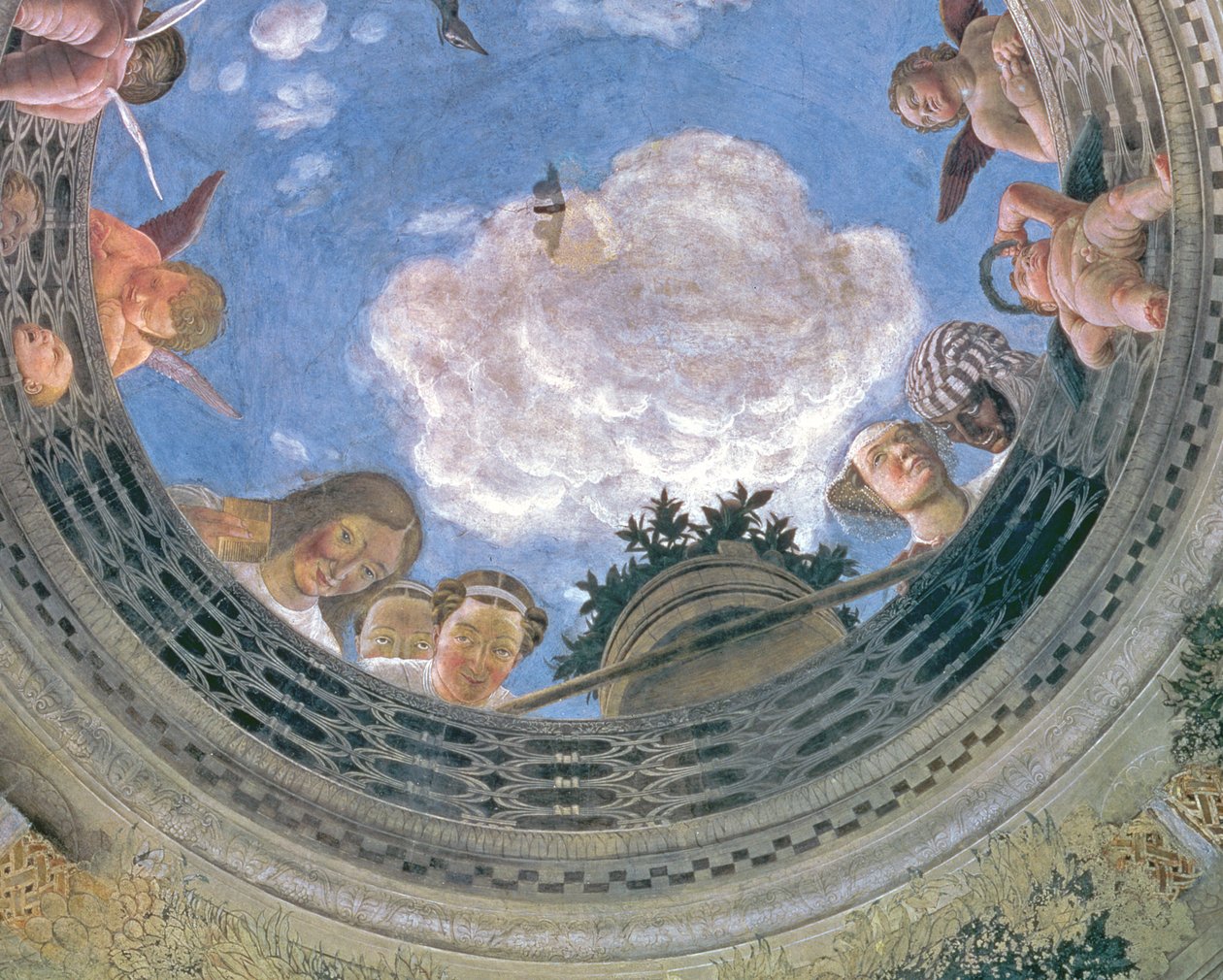 Trompe loeil -okulaari keskellä Camera degli Sposin tai Camera Picta -salin holvikattoa, 1465-74, fresko 72245, yksityiskohta. tekijältä Andrea Mantegna