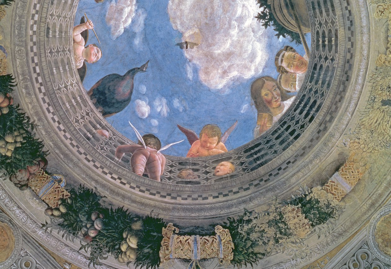 Trompe loeil oculus Camera degli Sposin tai Camera Pictan holvikaton keskellä, 1465-74 freskon yksityiskohta numerosta 72245 tekijältä Andrea Mantegna