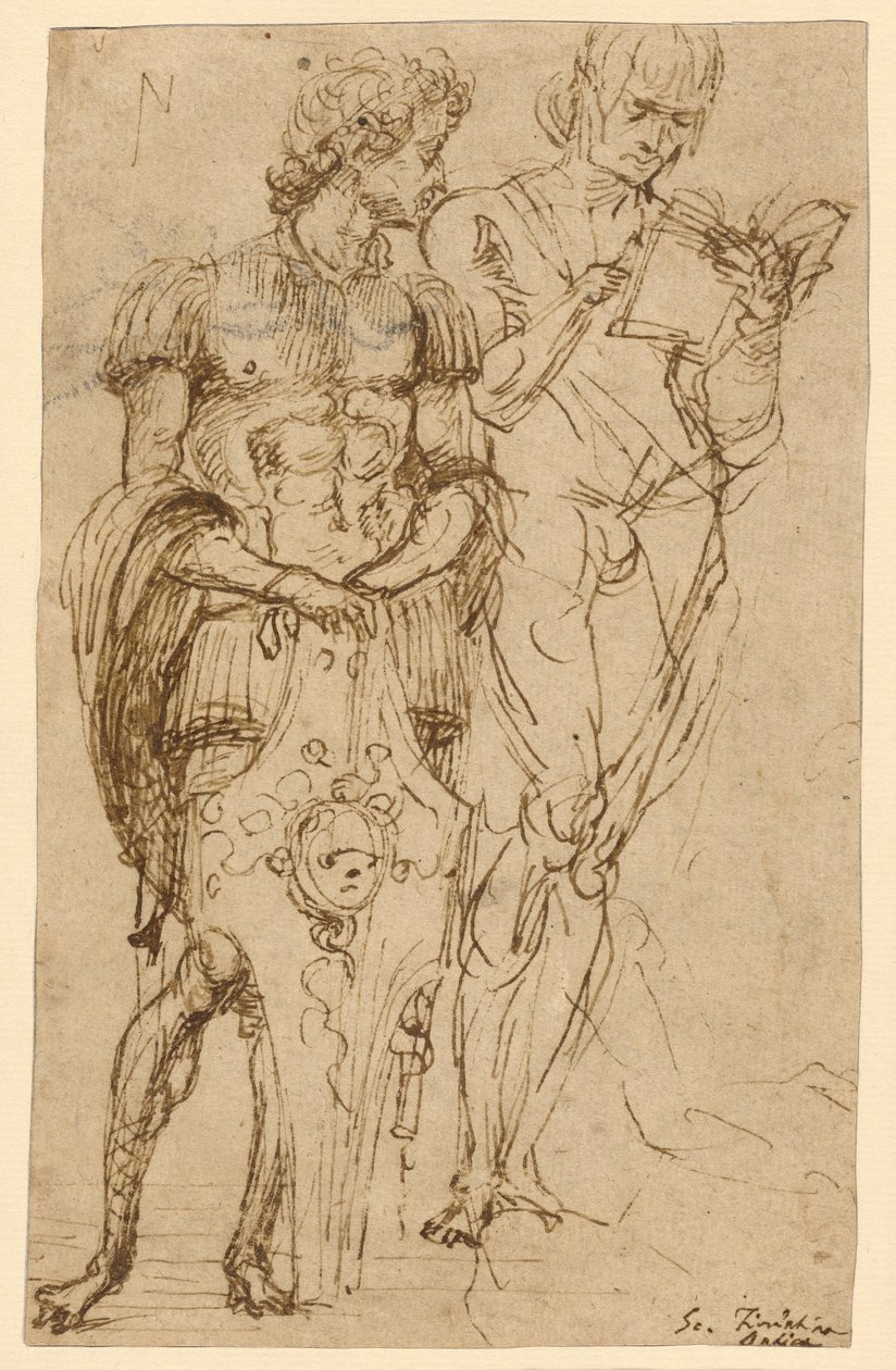 Kaksi seisovaa mieshahmoa (etusivu); Mies makuuasennossa ja muita tutkimuksia (kääntöpuoli). tekijältä Andrea Mantegna