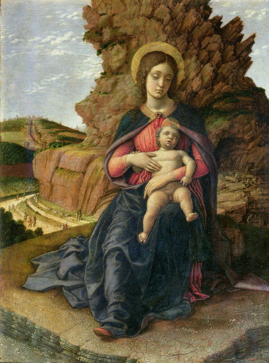 Neitsyt ja lapsi, tunnetaan myös nimellä Louhoksen Madonna, noin 1480-luku (tempera paneelille). tekijältä Andrea Mantegna