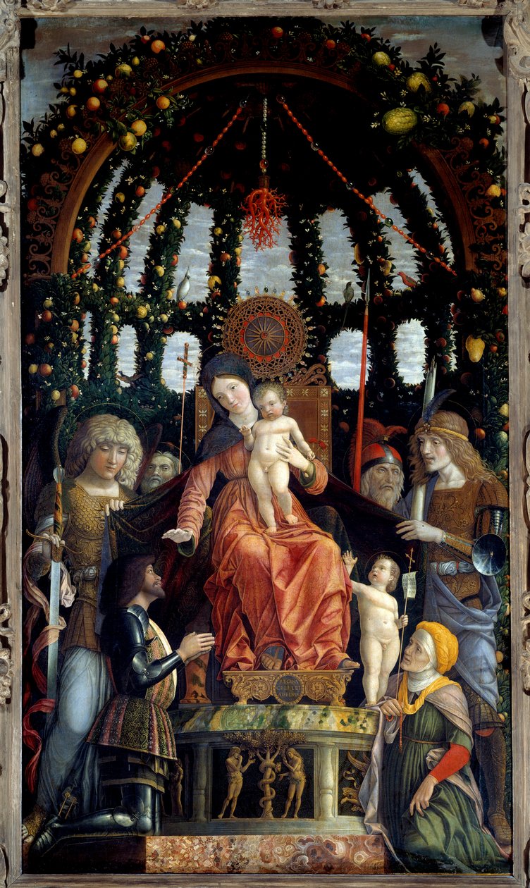 Voiton neitsyt (Madonna of Victory). Neitsyt Maria on edustettuna: St. Michael, St. George, St. Longin ja St. Andrew. Maalauksen suojelija, Mantuan markiisi, Francois II de Gonzague (Francis II Gonzaga) tekijältä Andrea Mantegna