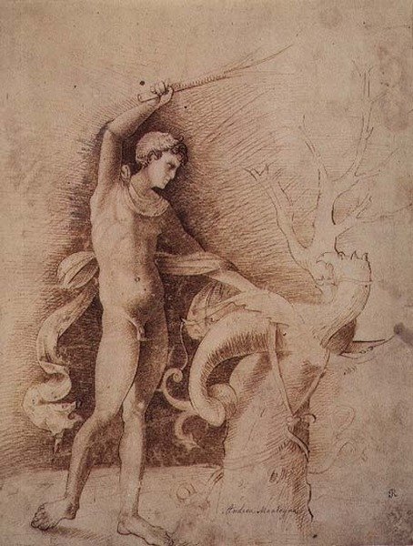 Nuori mies taistelee lohikäärmettä vastaan tekijältä Andrea Mantegna