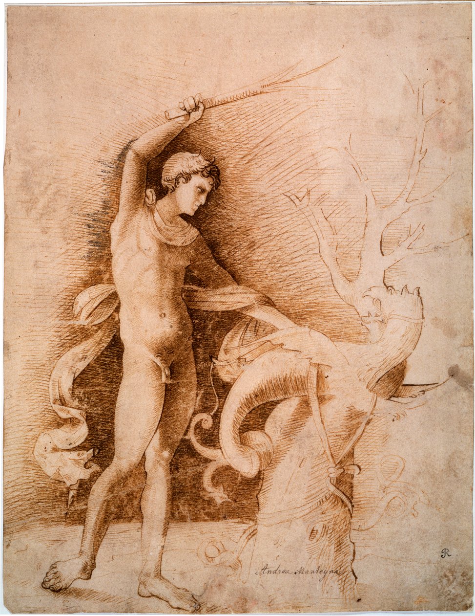 Nuori mies taistelee lohikäärmettä vastaan, 1400-luvun loppu tekijältä Andrea Mantegna