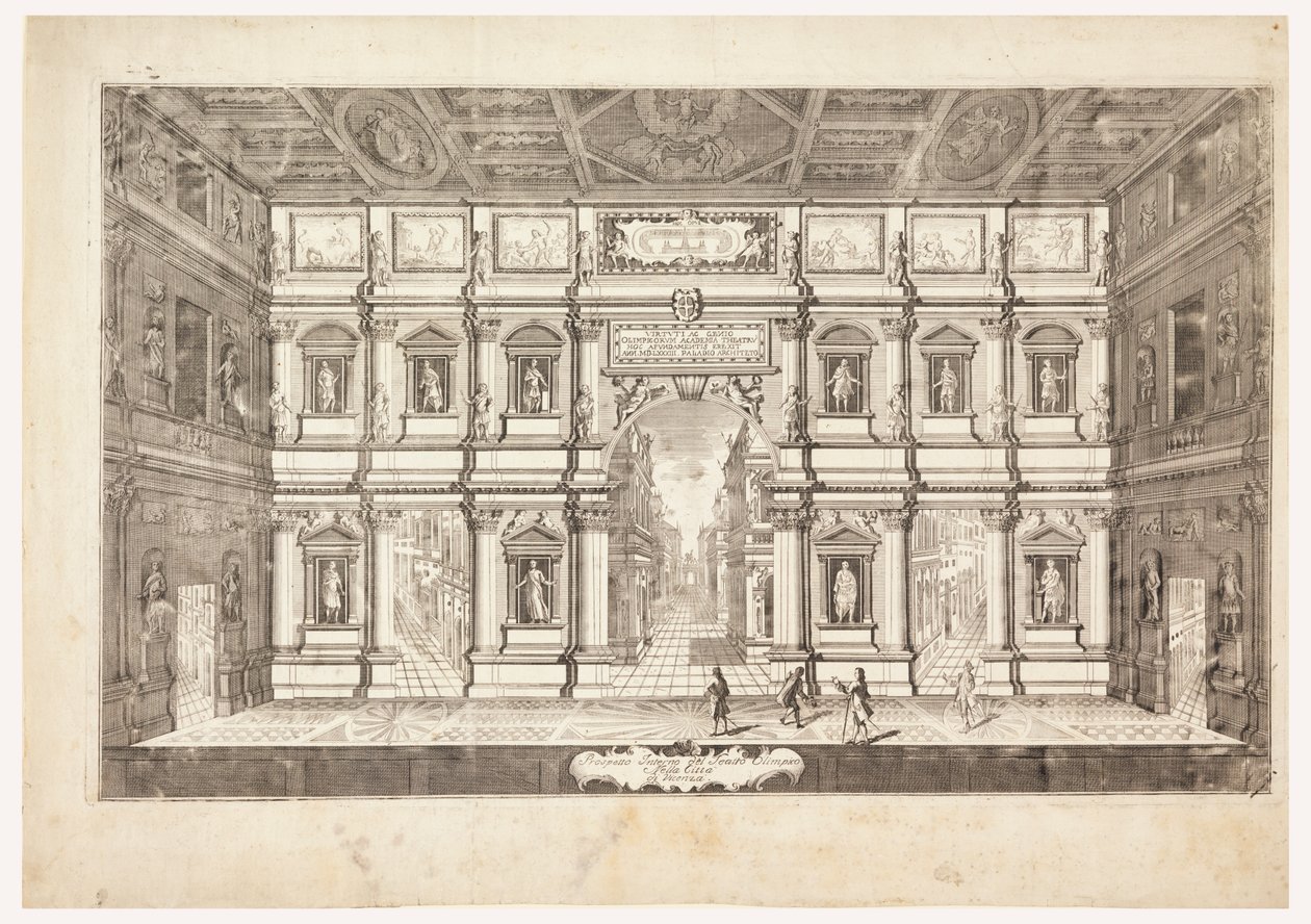 Vincenzan kaupungin olympiateatterin sisäkorkeus (näkymä Teatro Olimpicon näyttämölle Vicenzassa) tekijältä Andrea Palladio