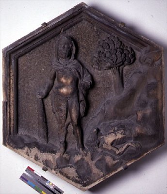 Kain ja Abel, kuusikulmainen koristeellinen kohokuviolaatta Genesiksen jaksoja kuvaavasta sarjasta, mahdollisesti Giotton (n. 1266-1337) suunnitelmiin n. 1334-1348 (marmori) perustuva tekijältä Andrea Pisano