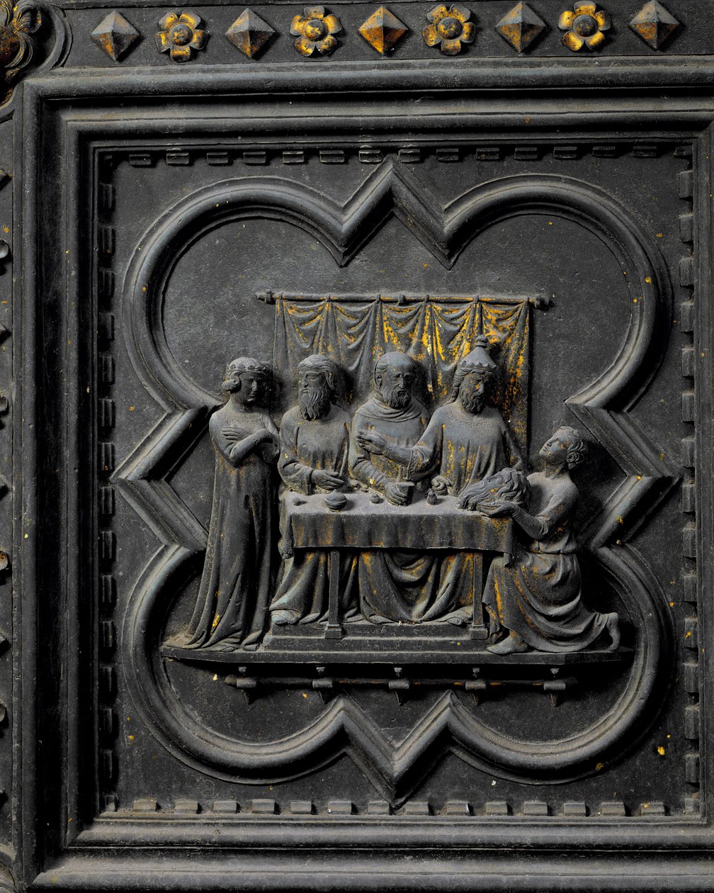 Johannes Kastajan pään esittäminen kuningas Herodekselle (21 eKr.-39 jKr.), San Giovannin kastekirkon eteläovien seitsemästoista paneeli, 1336 (pronssi). tekijältä Andrea Pisano