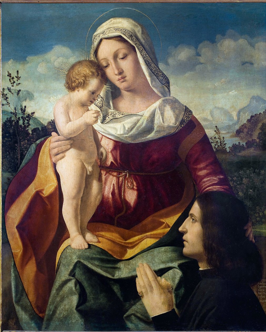 Neitsyt ja lapsi lahjoittajan kanssa - Andrea Previtalin maalaus (noin 1480-1528), öljy kankaalle tekijältä Andrea Previtali