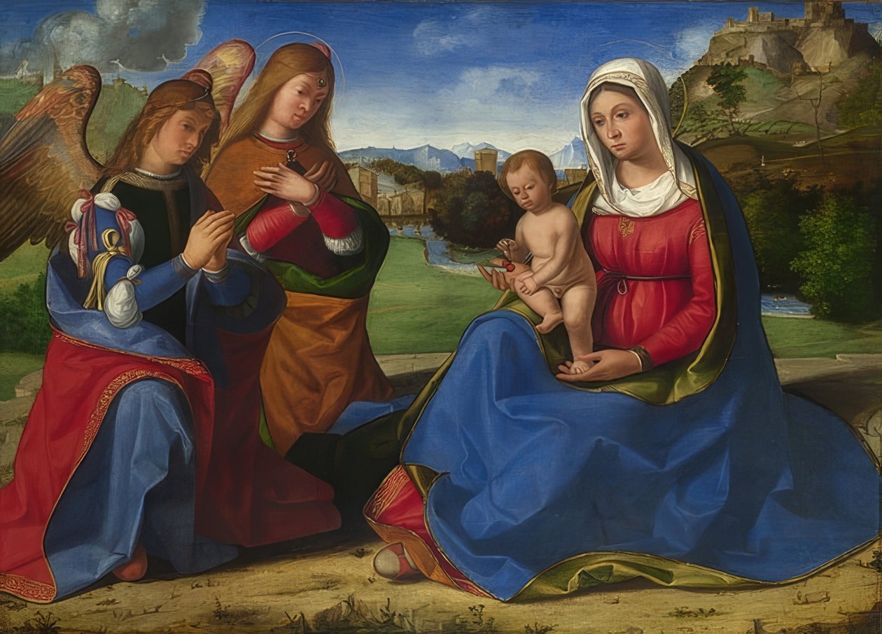 Kahden enkelin rakastama Madonna ja lapsi. Noin 1505 tekijältä Andrea Previtali