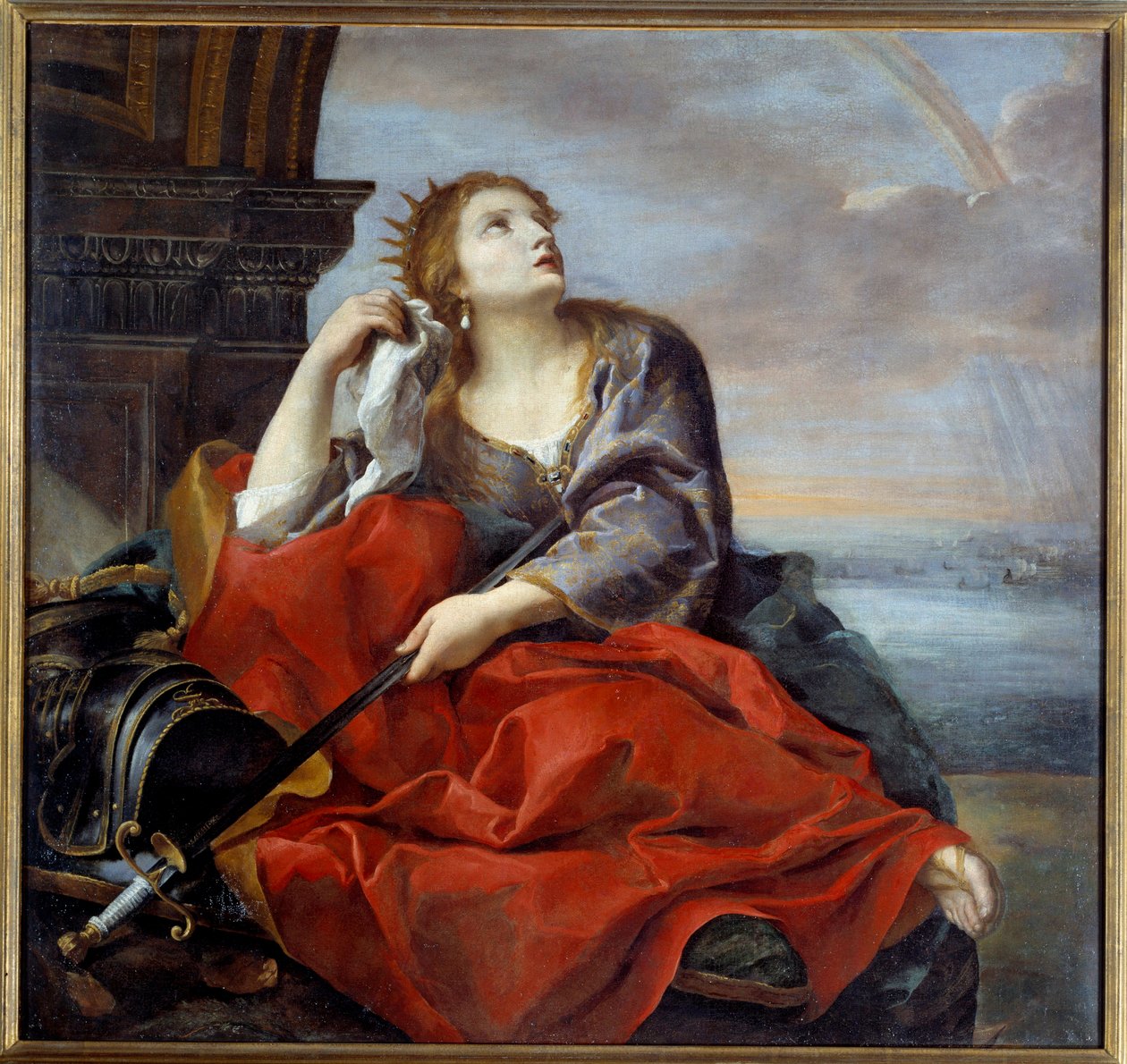 Didon, Karthagon kuningatar, Enee hylkäsi. Hän osoittaa miekan vatsaansa kohti epätoivon merkkinä. Andrea Sacchin (1599-1661) maalaus 1635 su. 1,4x1,48 m Caen, Kuvataidemuseo tekijältä Andrea Sacchi