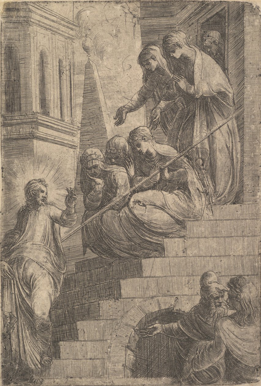 Kristus puhuttelee porukkaa istuvia ja seisovia naisia, n. 1541-44. tekijältä Andrea Schiavone
