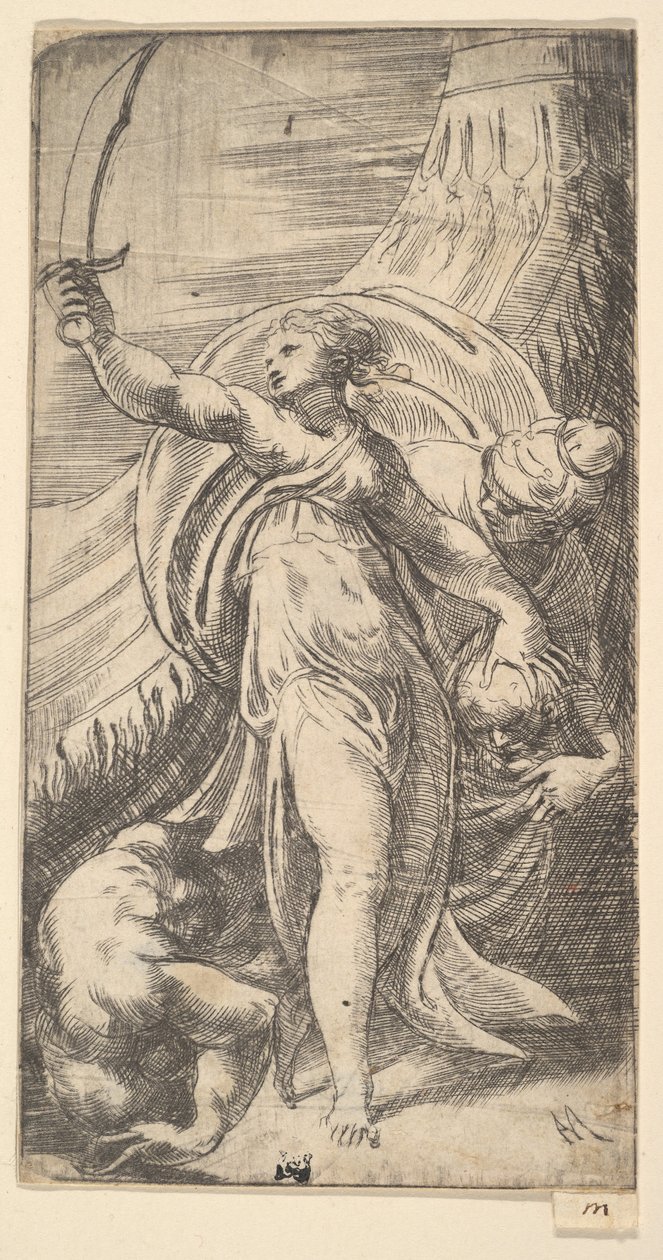 Judith nosti miekkansa oikeaan käteensä ja asetti Holofernesin pään sa..., n. 1542-45. tekijältä Andrea Schiavone