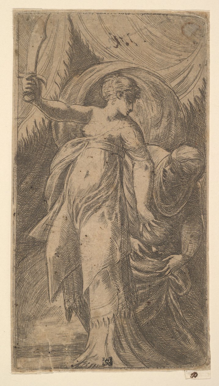 Judith miekka nostettuna oikeaan käteensä ja asettaa pään Holofernes i..., n. 1540-45. tekijältä Andrea Schiavone