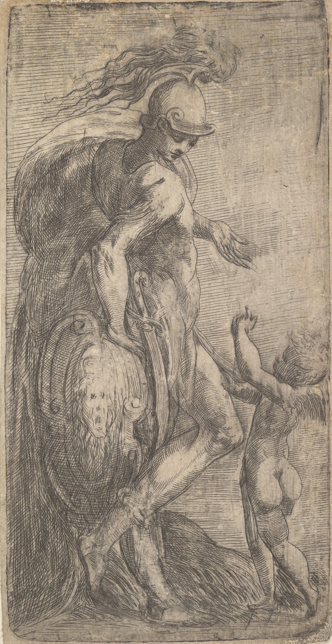 Mars seisoo vasemmalla nojaten kilveen, Cupid oikealla, n. 1542-46. tekijältä Andrea Schiavone