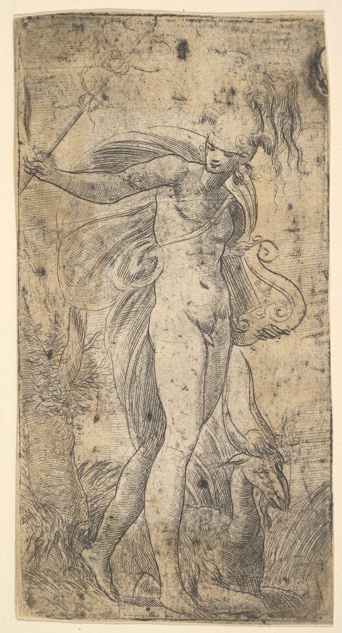 Merkurius seisoo pitelemässä cadecusa oikeassa kädessään, lyyraa vasemmassa, n. 1536-40. tekijältä Andrea Schiavone