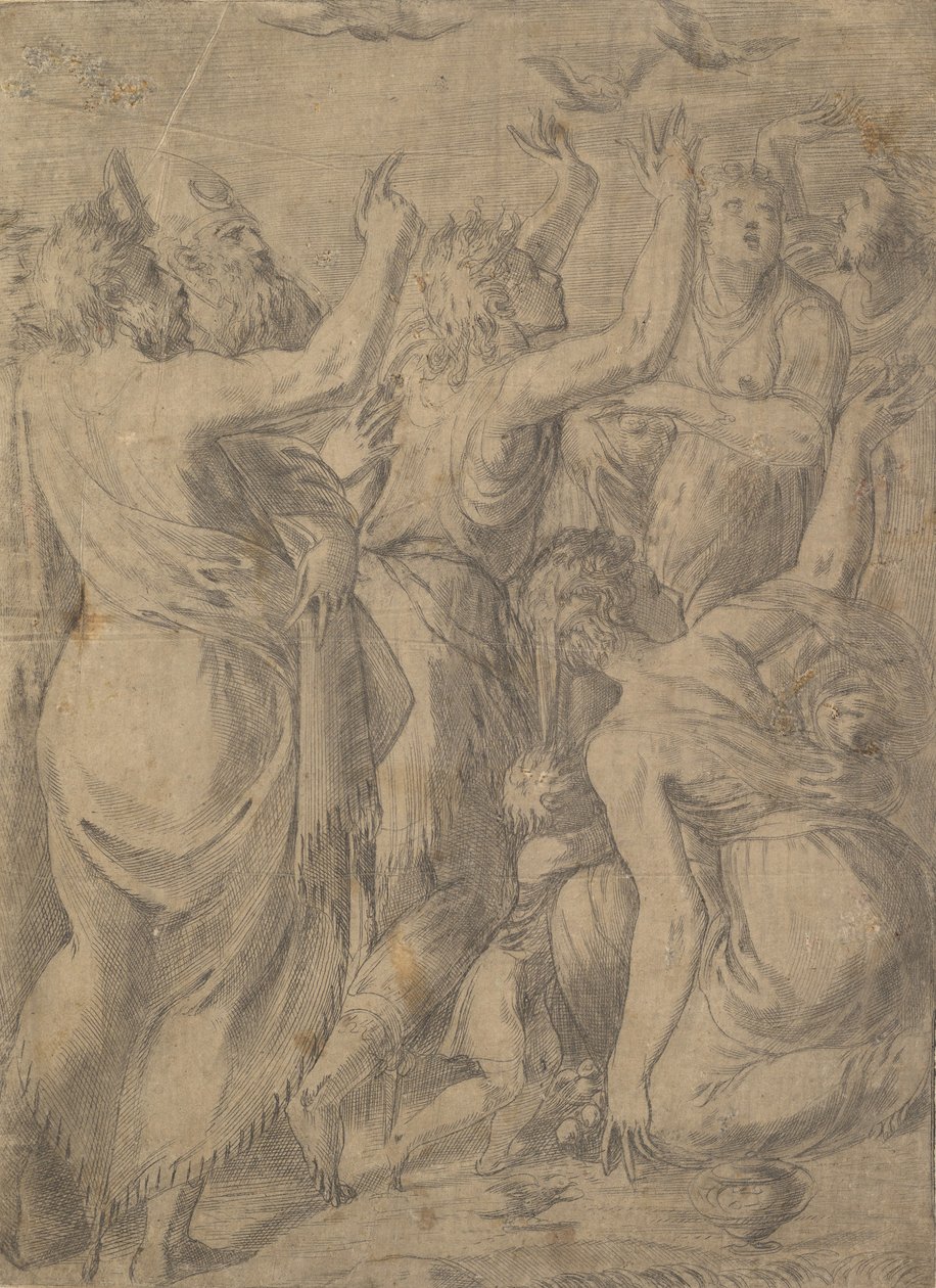 Mooses näyttää viiriäisiä israelilaisille viiriäisten ja mannan ihmeen, n. 1545. tekijältä Andrea Schiavone
