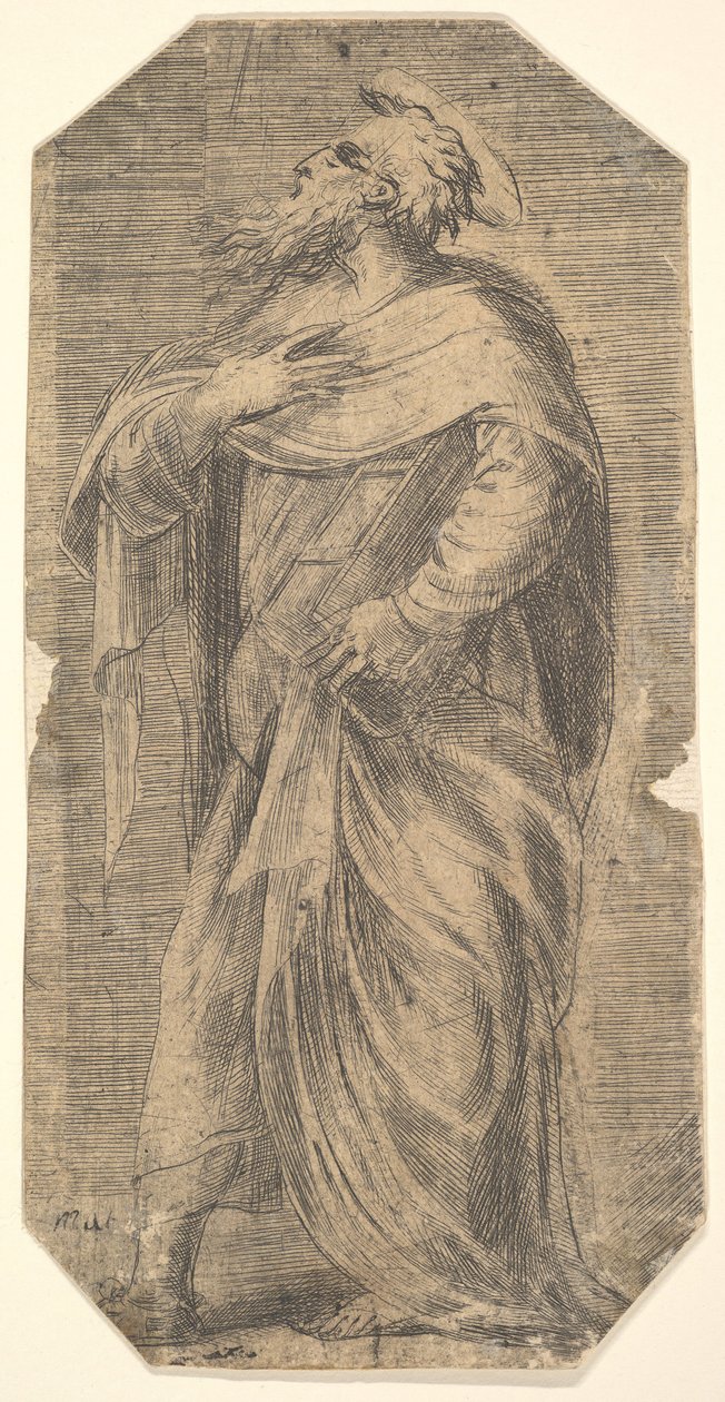 Pyhä Juudas kasvot vasemmalle, kirja vasemman käsivarren alla, kirjasta "Kristus ja apostolit", n. 1548-50. tekijältä Andrea Schiavone