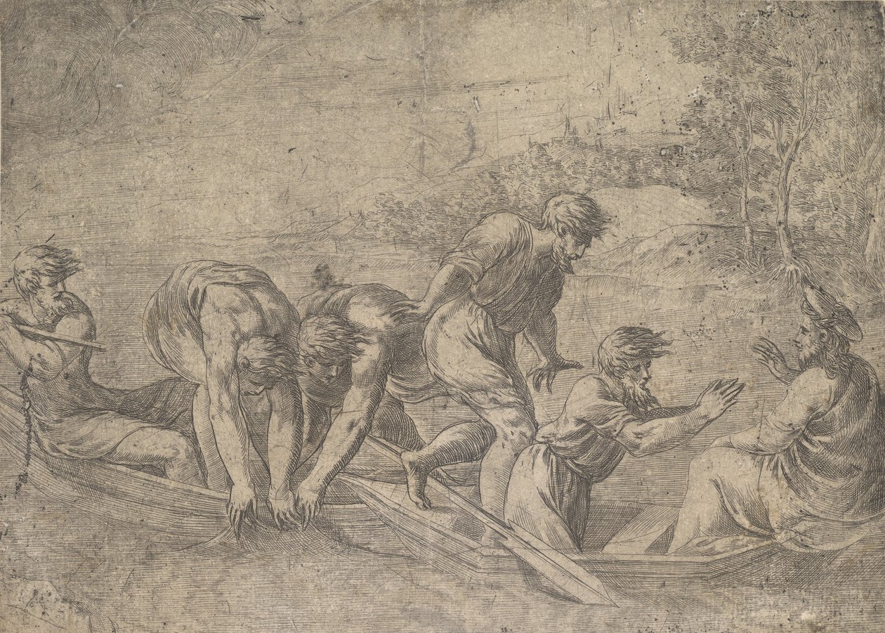 Ihmeellinen kalojen veto, Kristus oikealla apostolien seurassa vuonna..., noin 1548-52. tekijältä Andrea Schiavone