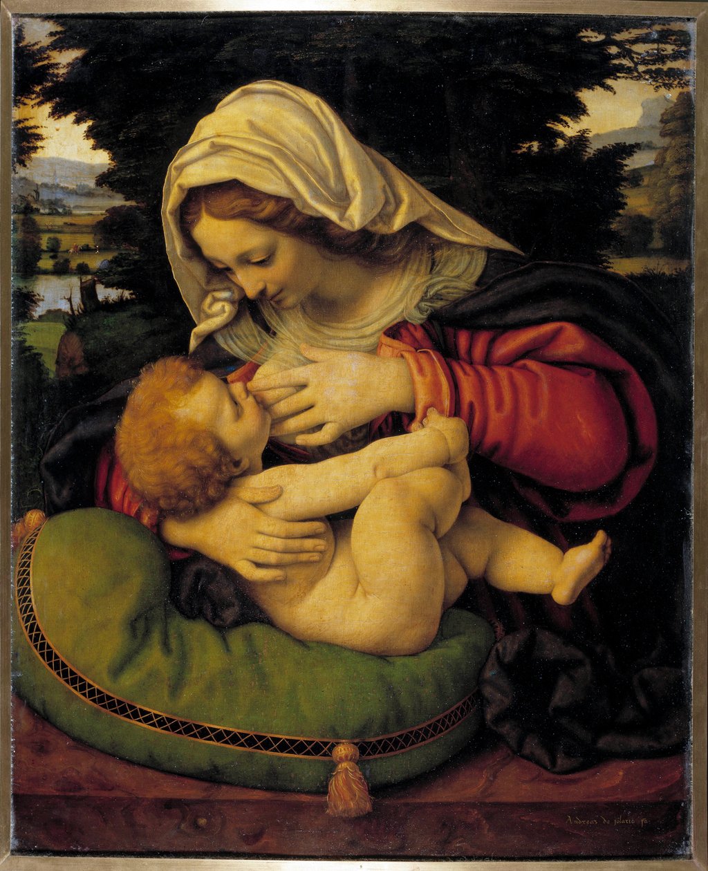 Andrea Solario (1460-1522) Neitsyt vihreällä tyynymaalauksella 1400-luvun aurinko. 0,59x0,47 m tekijältä Andrea Solario