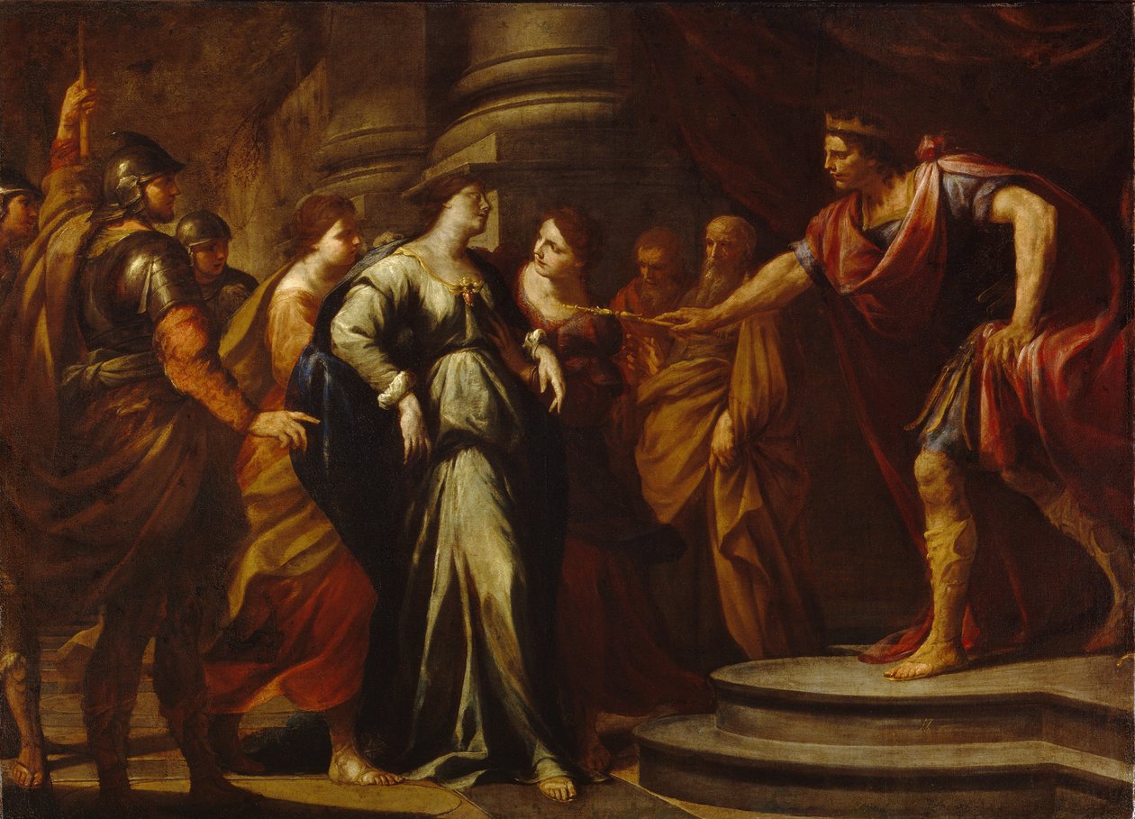 Ester (Hadassa bat Avilail) ennen Assverusta (tunnistettu Xerxes I:n, Persian kuninkaan kanssa, 519-465 eKr.) (Ester ennen Ahasverusta). Persian kuningas valitsee Esterin vaimokseen kaikkien kosijoiden joukosta. Andrea Vacaron (1604-1670) maalaus, öljymaal tekijältä Andrea Vaccaro