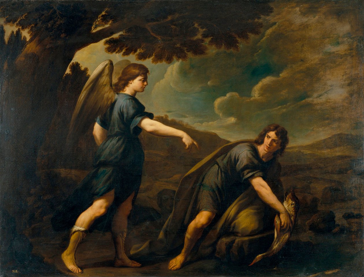 Enkeli ja Tobias kalan kanssa - Andrea Vaccaron (1604-1670) maalaus, öljy kankaalle (199,5x262 cm), noin 1640, italialainen taide tekijältä Andrea Vaccaro