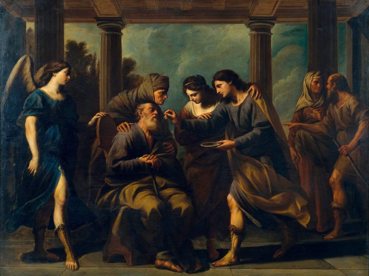 Tobias parantamassa isänsä sokeutta - Andrea Vaccaron (1604-1670) maalaus, öljy kankaalle (200,5x264 cm), noin 1640, 1600-luvun italialaista taidetta, barokkitaidetta - Museu Nacional d