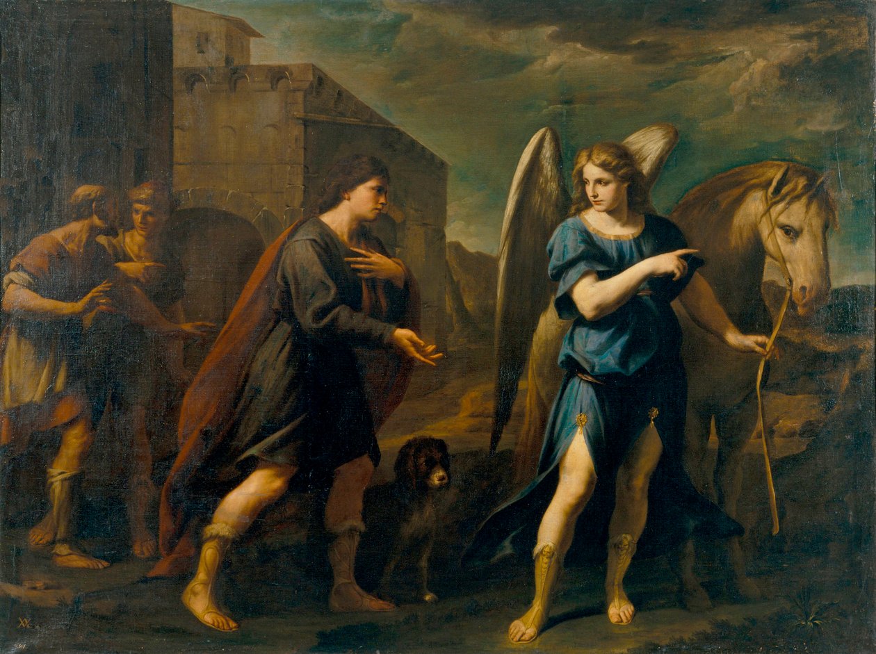 Tobias tapaa arkkienkeli Rafaelin (Tobias tapaa arkkienkeli Rafaelin) - Andrea Vaccaron (1604-1670) maalaus, öljy kankaalle (198,5x262 cm), noin 1640, 1600-luvun italialainen taide, barokkitaide - Museu Nacional de Catalunya d