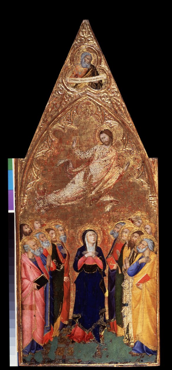 ""Kristuksen taivaaseenastuminen"" Alla Neitsyt Maria ja apostolit tarkkailemassa Jeesusta Kristusta. Yllä esitys profeetta Jeremiasta. Tempera puulle kirjoittanut Andrea Vanni (1332-1414) 1355-1360 Mitat 68x28 cm Eremitaaši, Pietari (Saint-Petersbo) tekijältä Andrea Vanni
