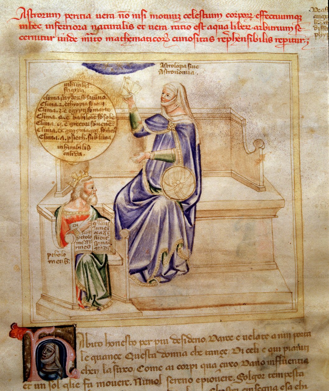 Astrologian tai tähtitieteen allegorioita Bartolomeo di Bartolin teoksessa "Song of the Seven Vertus ja Seven Liberals Arts, jotka on tarkoitettu Bruzio Viscontille" (hyveiden ja tieteiden laulu). Andrea di Bartolin vesiväri (toiminut 1358-1358 tekijältä Andrea de Bartoli