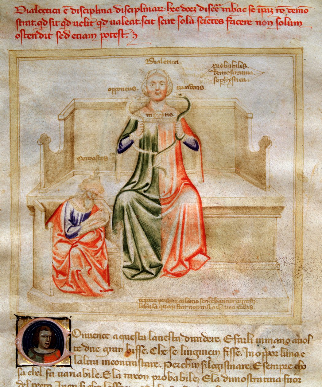 Dialektiikan allegorioita Bartolomeo di Bartolin teoksessa "Chansonne des sept Vertus et des sept Arts liberales, joka on määrätty Bruzio Viscontille" (hyveiden ja tieteiden laulu). Andrea di Bartolin vesiväri (aktiivinen 1358-1368) (ms. 599, fo tekijältä Andrea de Bartoli