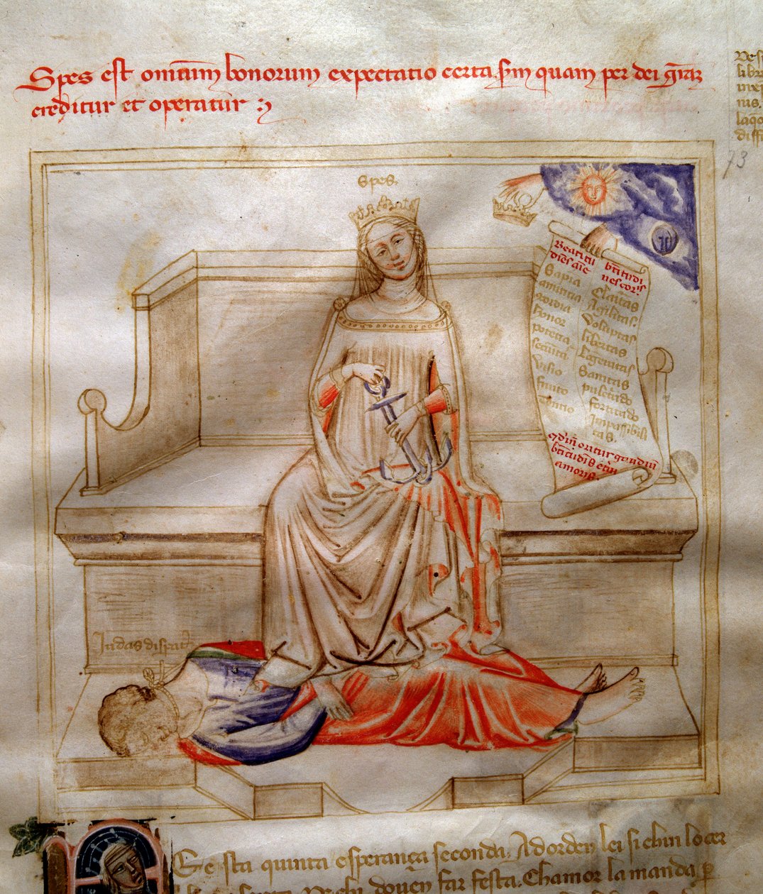 Uskon allegorioita Bartolomeo di Bartolin "" Chansonne des sept virtues et des sept arts liberoux destinee a Bruzio Visconti "(hyveiden ja tieteiden laulussa). Andrea di Bartolin akvarelli (aktiivinen 1358-1368) (ms. 599, fol. 5 tekijältä Andrea de Bartoli