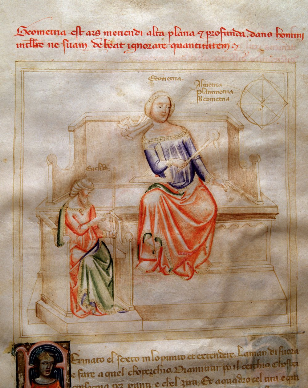 Geometrioiden allegoriat Bartolomeo di Bartolin teoksessa "" Chansonne des sept Vertus et des sept Arts liberales, joka on määrätty Bruzio Viscontille" (hyveiden ja tieteiden laulu). Andrea di Bartolin vesiväri (aktiivinen 1358-1368) (ms. 599, fo tekijältä Andrea de Bartoli