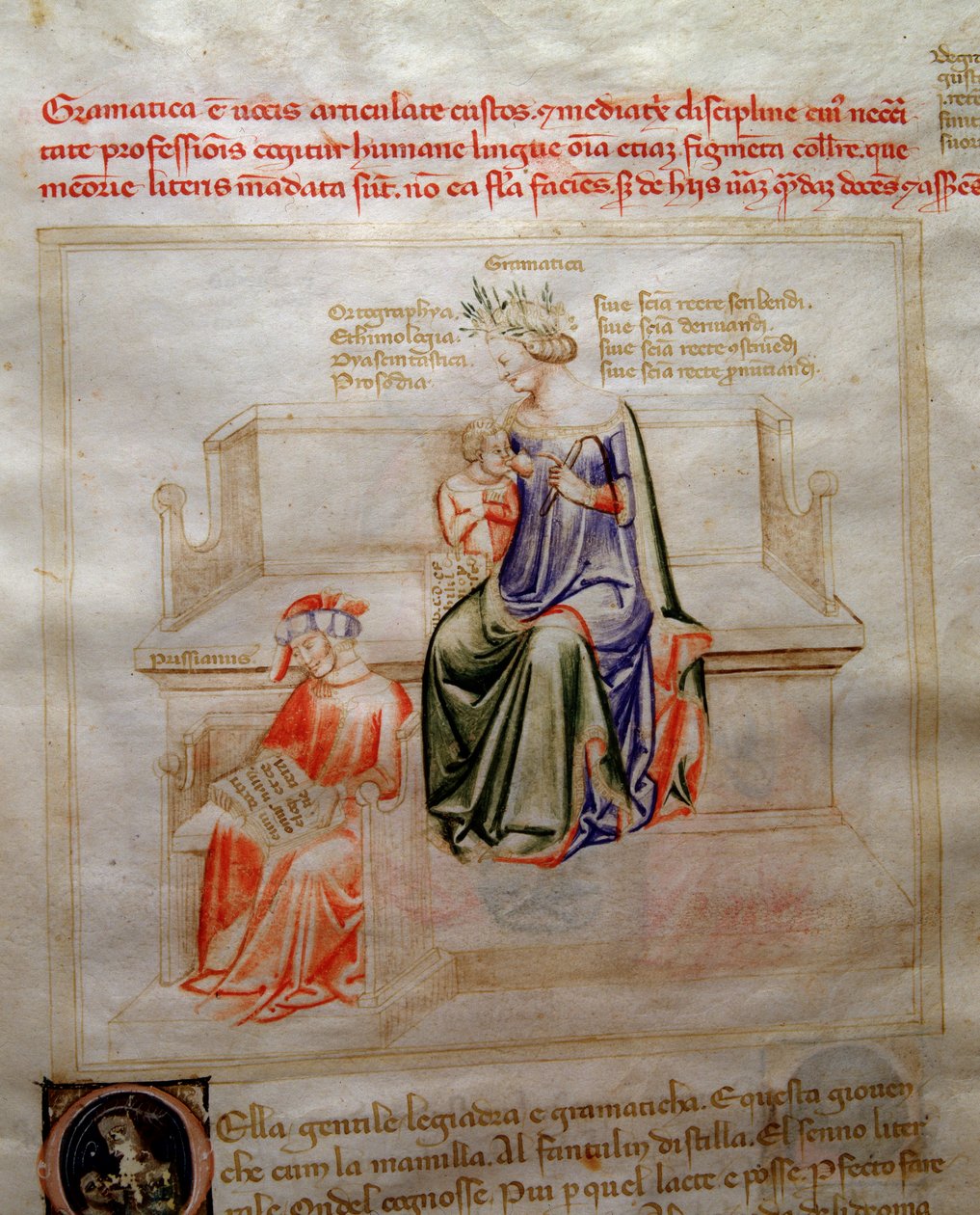 Grammairen vertauskuvat Bartolomeo di Bartolin teoksessa "Chansonne des sept Vertus et des sept Arts liberales, joka on määrätty Bruzio Viscontille" (hyveiden ja tieteiden laulu). Andrea di Bartolin vesiväri (aktiivinen 1358-1368) (ms. 599, fo tekijältä Andrea de Bartoli