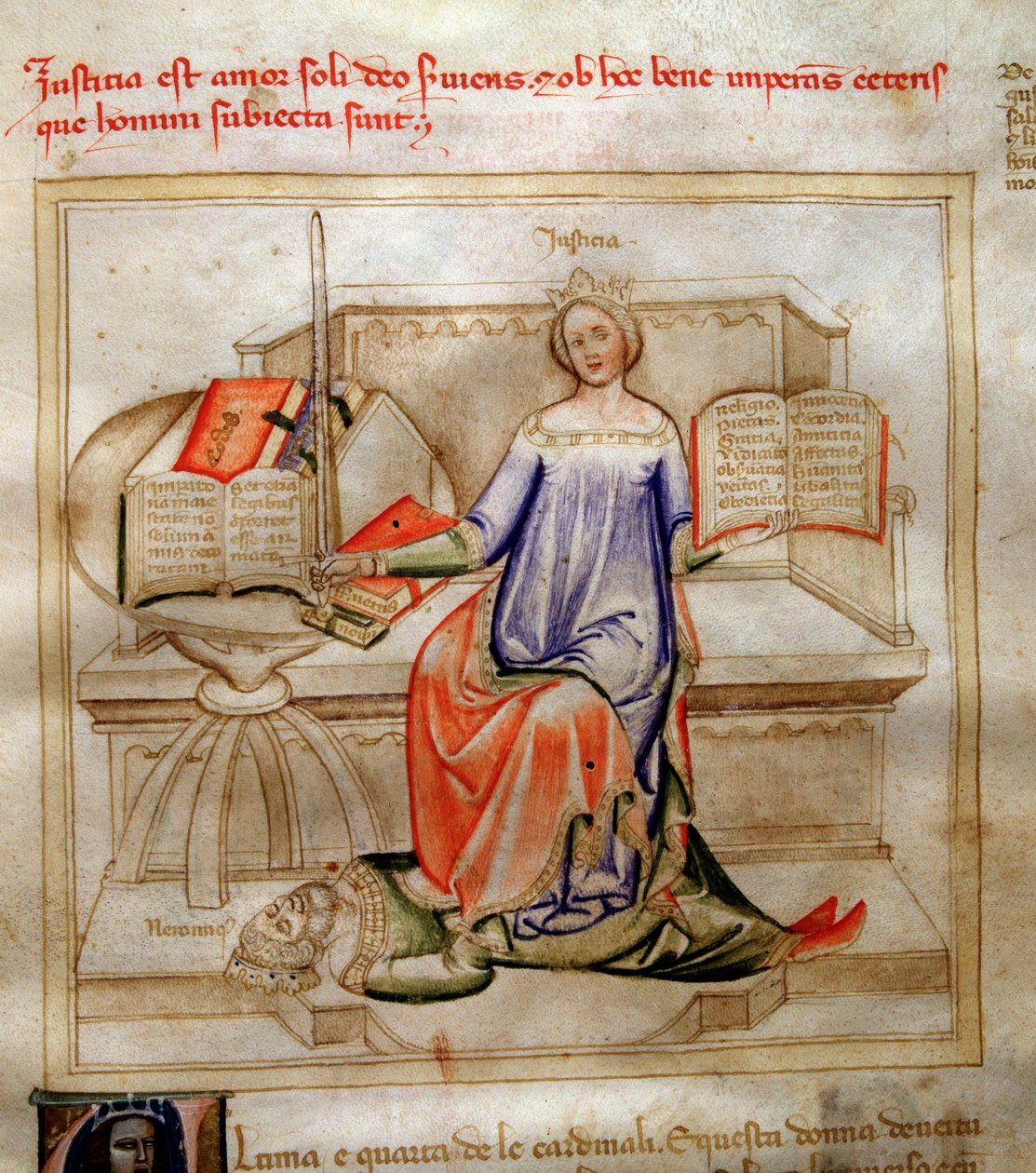 Oikeudenmukaisuuden allegorioita Bartolomeo di Bartolin teoksessa "" Chansonne des sept Vertus et des sept Arts liberales, joka on määrätty Bruzio Viscontille "" (Hyveiden ja tieteiden laulu). Andrea di Bartolin akvarelli (aktiivinen 1358-1368) (ms. 599, f tekijältä Andrea de Bartoli