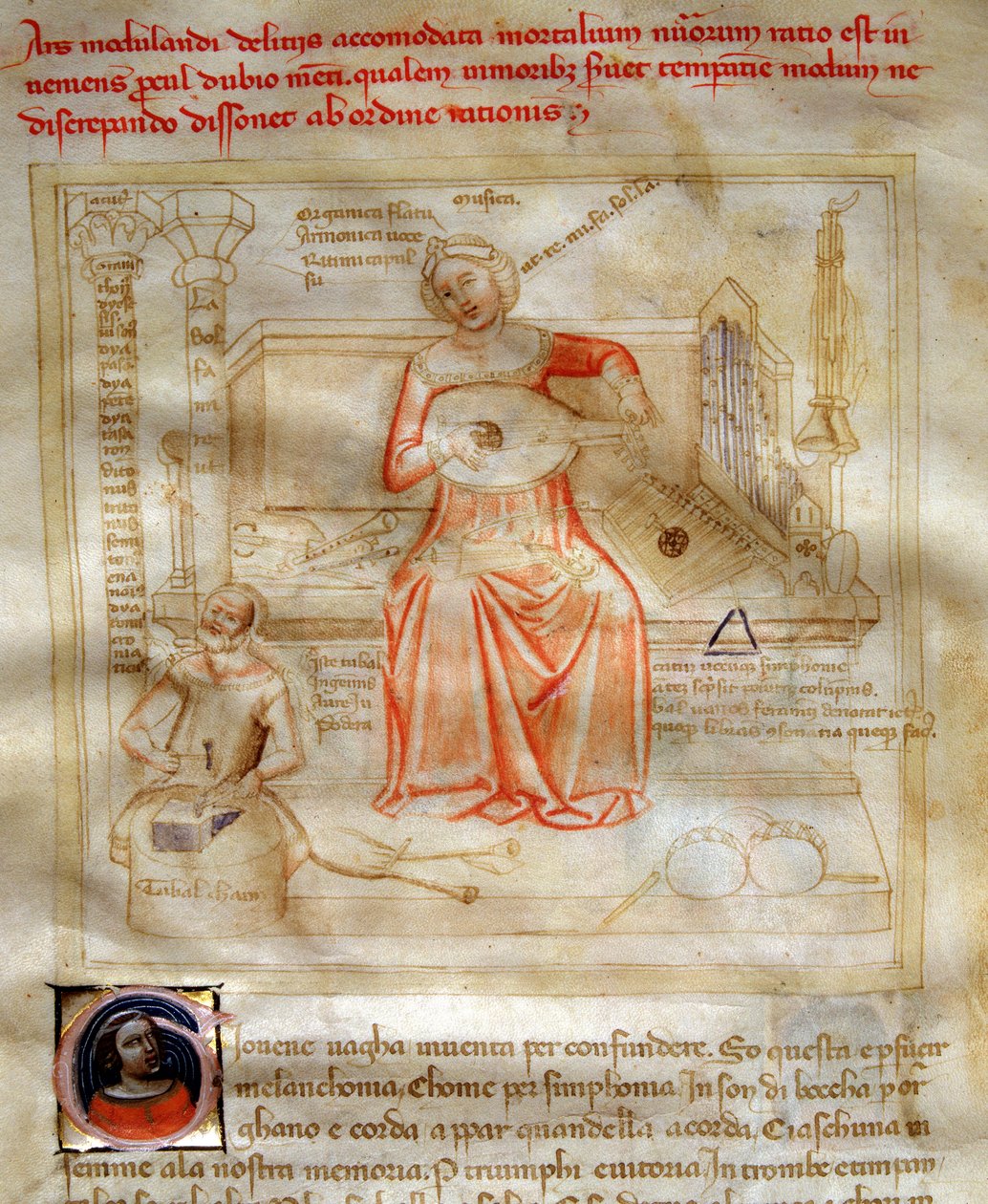 Musiikin allegorioita Bartolomeo di Bartolin teoksessa "" Chansonne des sept Vertus et des sept Arts liberales destinee à Bruzio Visconti "(Laulu hyveistä ja tieteistä). Andrea di Bartolin vesiväri (toimii vuosina 1358-1368) (ms. 599, fol. tekijältä Andrea de Bartoli
