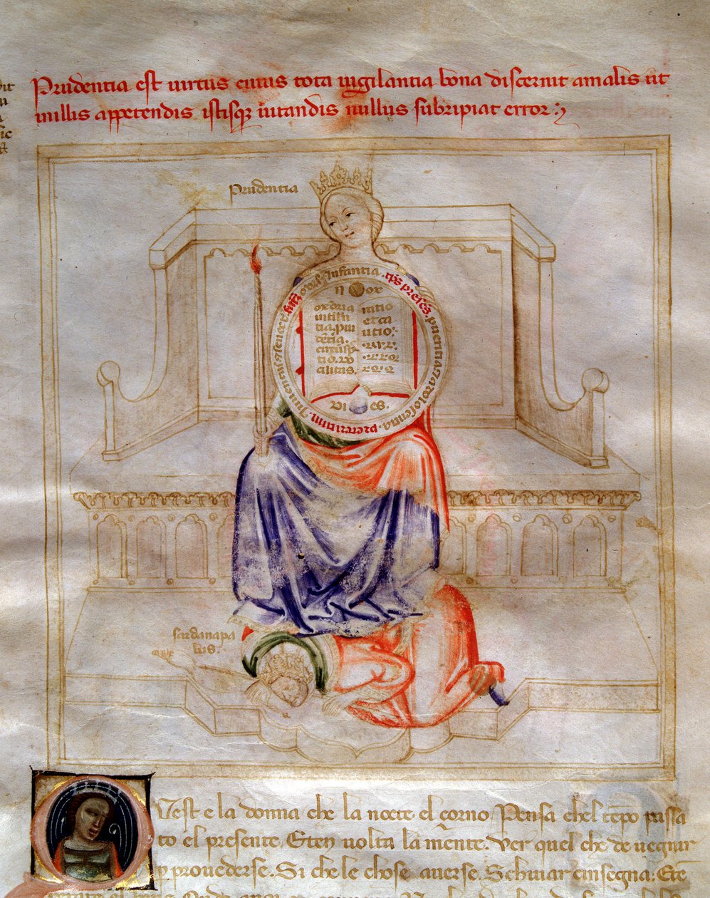 Varovaisuuden allegorioita Bartolomeo di Bartolin teoksessa "Chansonne des sept Vertus et des sept Arts liberales, joka on määrätty Bruzio Viscontille" (hyveiden ja tieteiden laulu). Andrea di Bartolin akvarelli (aktiivinen 1358-1368) (ms. 599, fol tekijältä Andrea de Bartoli