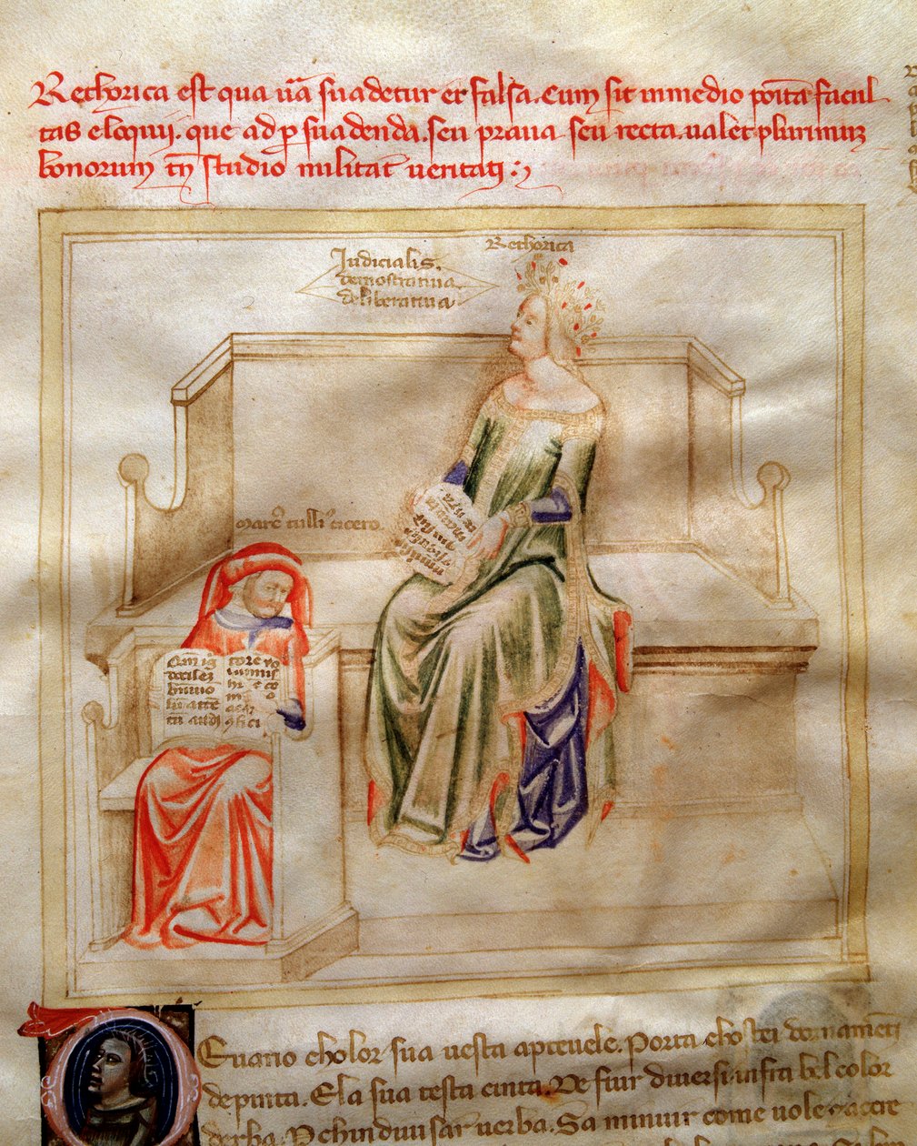 Retoriikan allegorioita Bartolomeo di Bartolin teoksessa "" Chansonne des sept Vertus et des sept Arts liberales, joka on määrätty Bruzio Viscontille" (hyveiden ja tieteiden laulu). Andrea di Bartolin vesiväri (aktiivinen 1358-1368) (ms. 599, f tekijältä Andrea de Bartoli