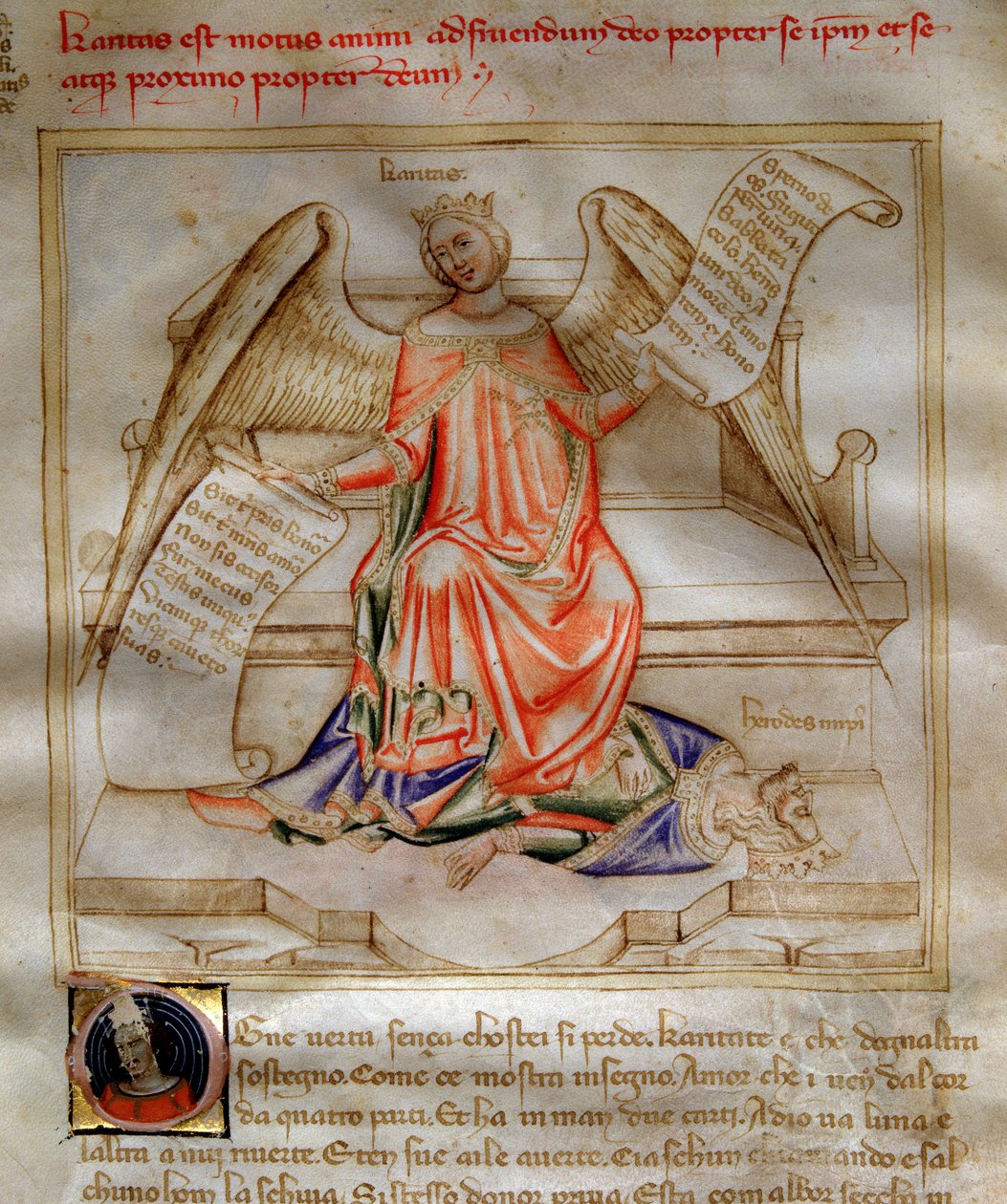 Allegoria hyväntekeväisyydestä kulkiessa Herode I Suuren jalkojen juurella Bartolomeo di Bartolin "" Laulu Seitsemän Vertuksen ja seitsemän liberaalin taiteen kohtalosta Bruzio Viscontille" (La Canzone delle Virtu e delle Scienze). Akvarelli Andrea di Bart tekijältä Andrea de Bartoli