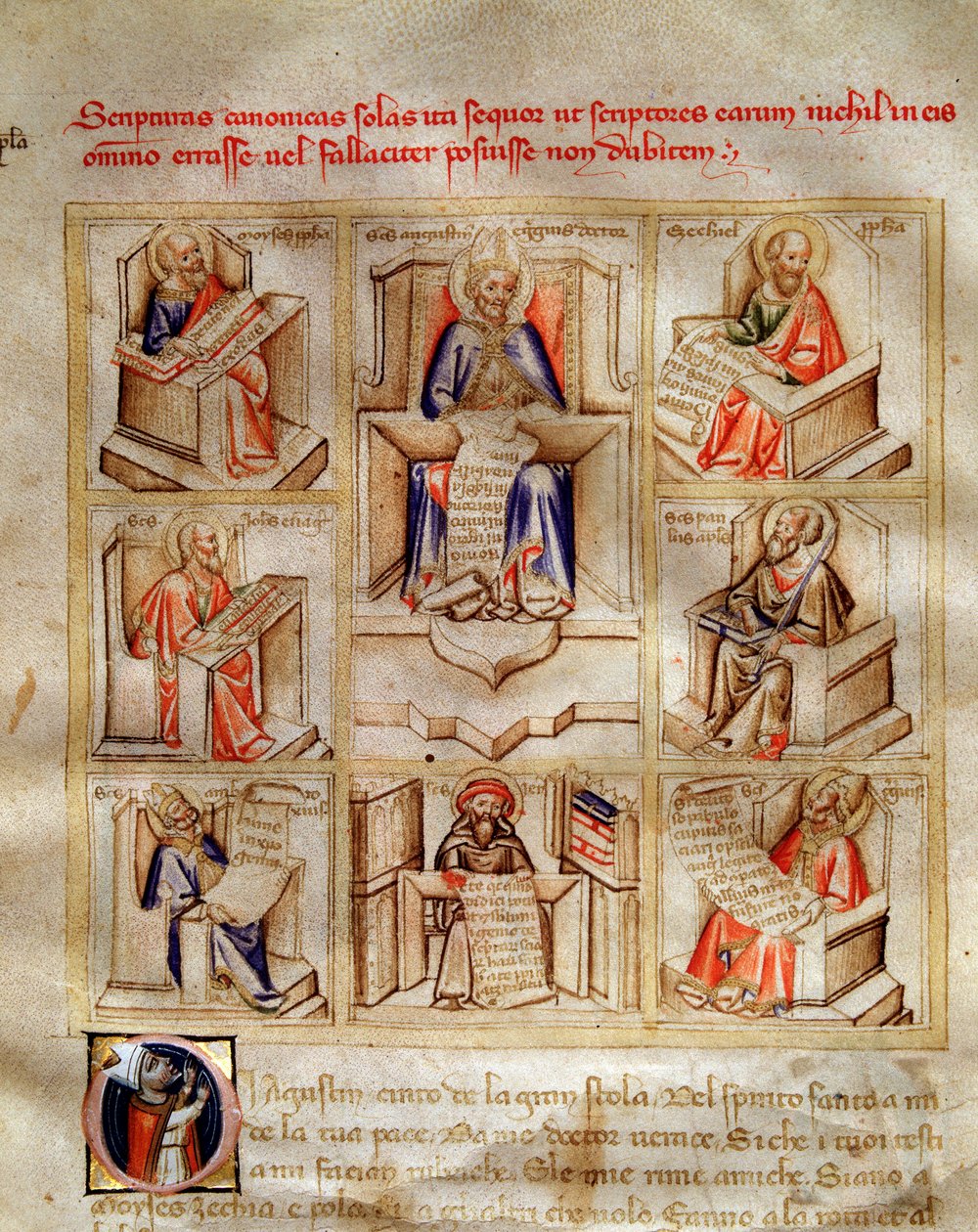 Kirkon tohtoreiden edustus: Pyhä Johannes, Milanolainen pyhä Ambroseus, Pyhä Hieronymus, Pyhä Gregoire Suuri ja Pyhä Paavali teoksessa "Song of the Seven Vertus and Seven Liberals Arts Detetee for Bruzio Visconti"" (La Canzone delle) Virtu e dell tekijältä Andrea de Bartoli
