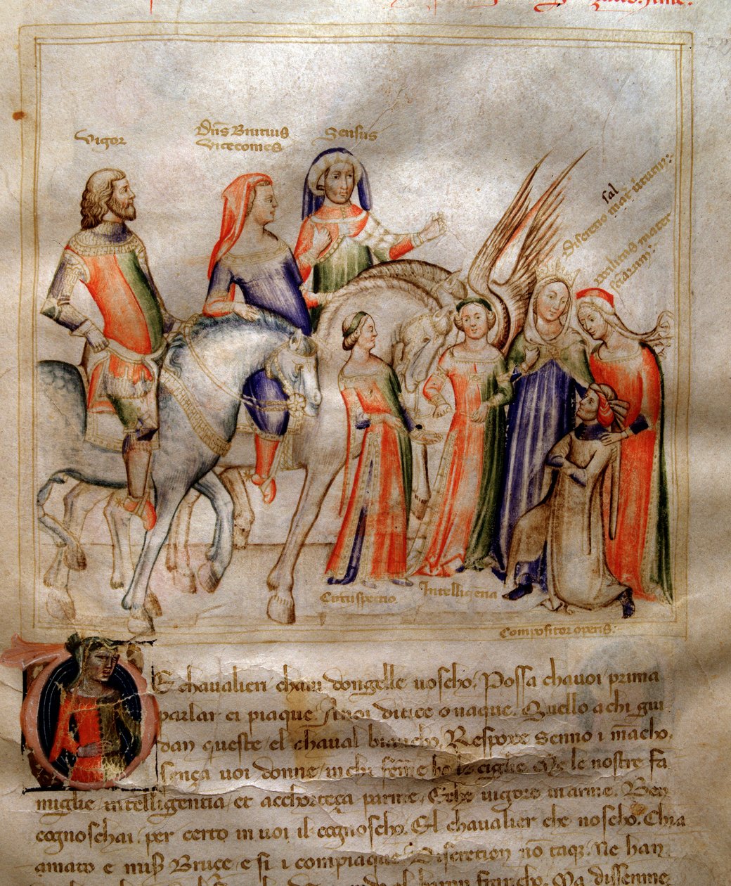Kirjoittaja polvistuu esitelläkseen kirjansa nuorelle Milanon prinssille Viscontille Bartolomeo di Bartolin teoksessa "Song of the Seven Vertus and the Seven Liberal Arts, joka on määrätty Bruzio Viscontille" (La Canzone delle Virtu e delle Scienze). Akvar tekijältä Andrea de Bartoli