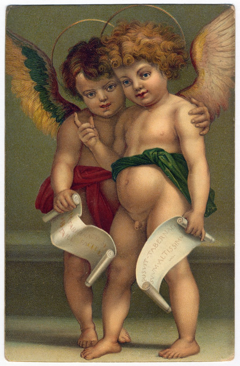 Kaksi enkeliä. Hurskas kuva taidemaalari ANDREA DEL SARTO (1486-1530) mukaan, Dresden, n. 1910 (kromolitografia) tekijältä Andrea del (after) Sarto