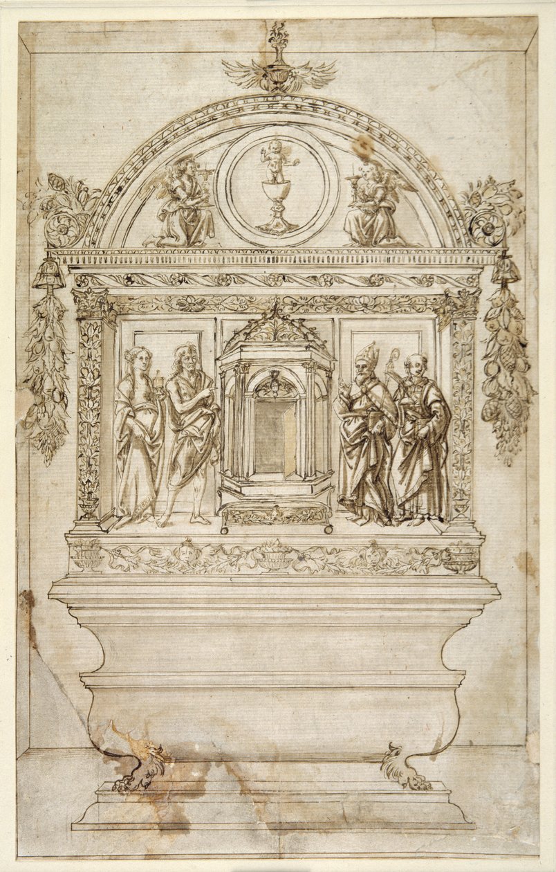 Suunnittelu kappelin alttarille, tabernaakkelilla eukaristiaa varten (kynä ja ruskea muste ruskealla pesulla valkoisella paperilla) tekijältä Andrea del (follower of) Verrocchio