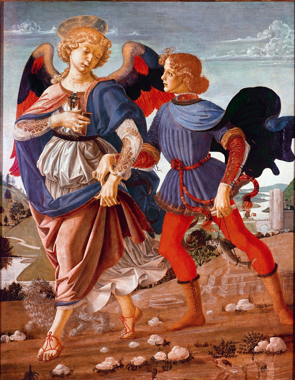Tobie ja enkeli Tobias (Tobias), joita hänen sokea isänsä kehotti löytämään kalapellon, seuraa arkkienkeli Rafael. Andrea del Verrocchion koulun maalaus (1435-1488) 1470-1480. Kansallisgalleria, Lontoo tekijältä Andrea del (school of) Verrocchio
