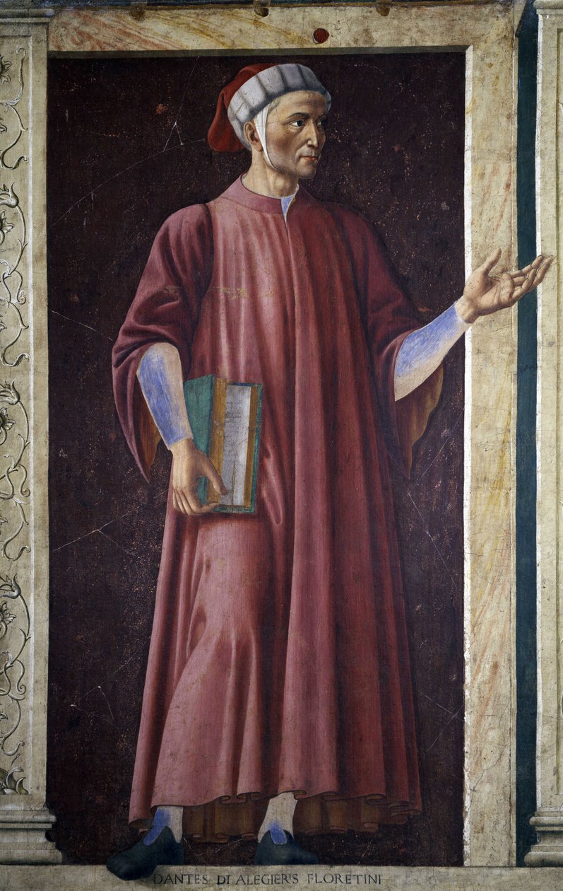 Dante Alighieri kuuluisien miesten ja naisten Villa Carducci -sarjasta, n. 1450 (kankaalle asetettu fresko) tekijältä Andrea del Castagno
