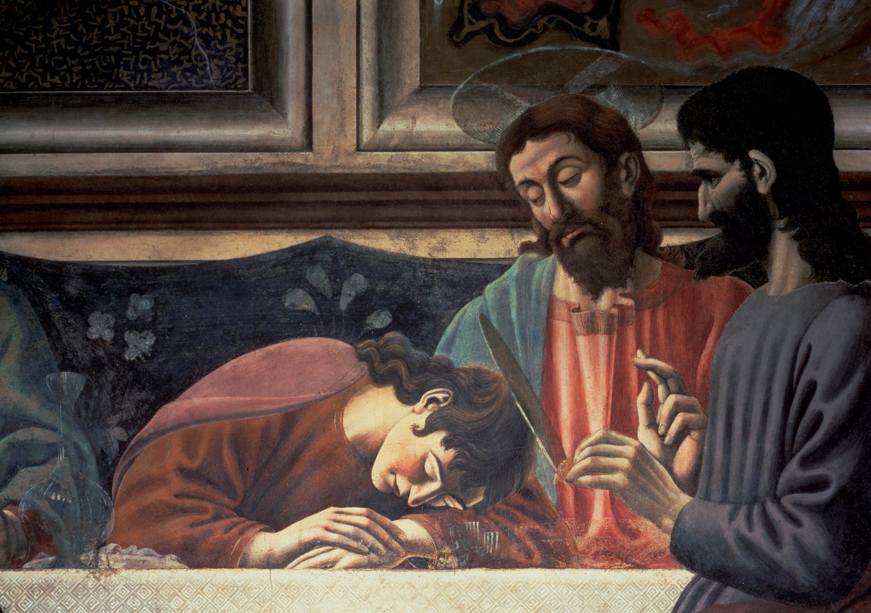 Viimeinen ehtoollinen, yksityiskohta Juudaksesta, Kristuksesta ja Johannesesta, 1447 fresko yksityiskohta 85172:sta tekijältä Andrea del Castagno