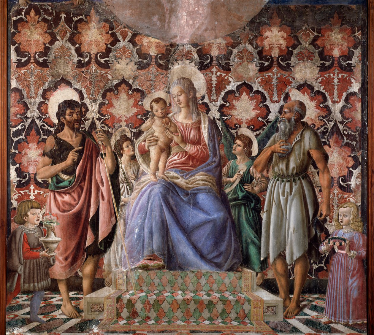 Neitsyt lapsen kanssa pyhimyksen Johannes Kastajan ja toisen pyhimyksen, kahden enkelin ja kahden Pazzi-perheen lapsen kanssa Fresko Andrea del Castagno (1421-1457) Firenze, Palazzo Pitti tekijältä Andrea del Castagno