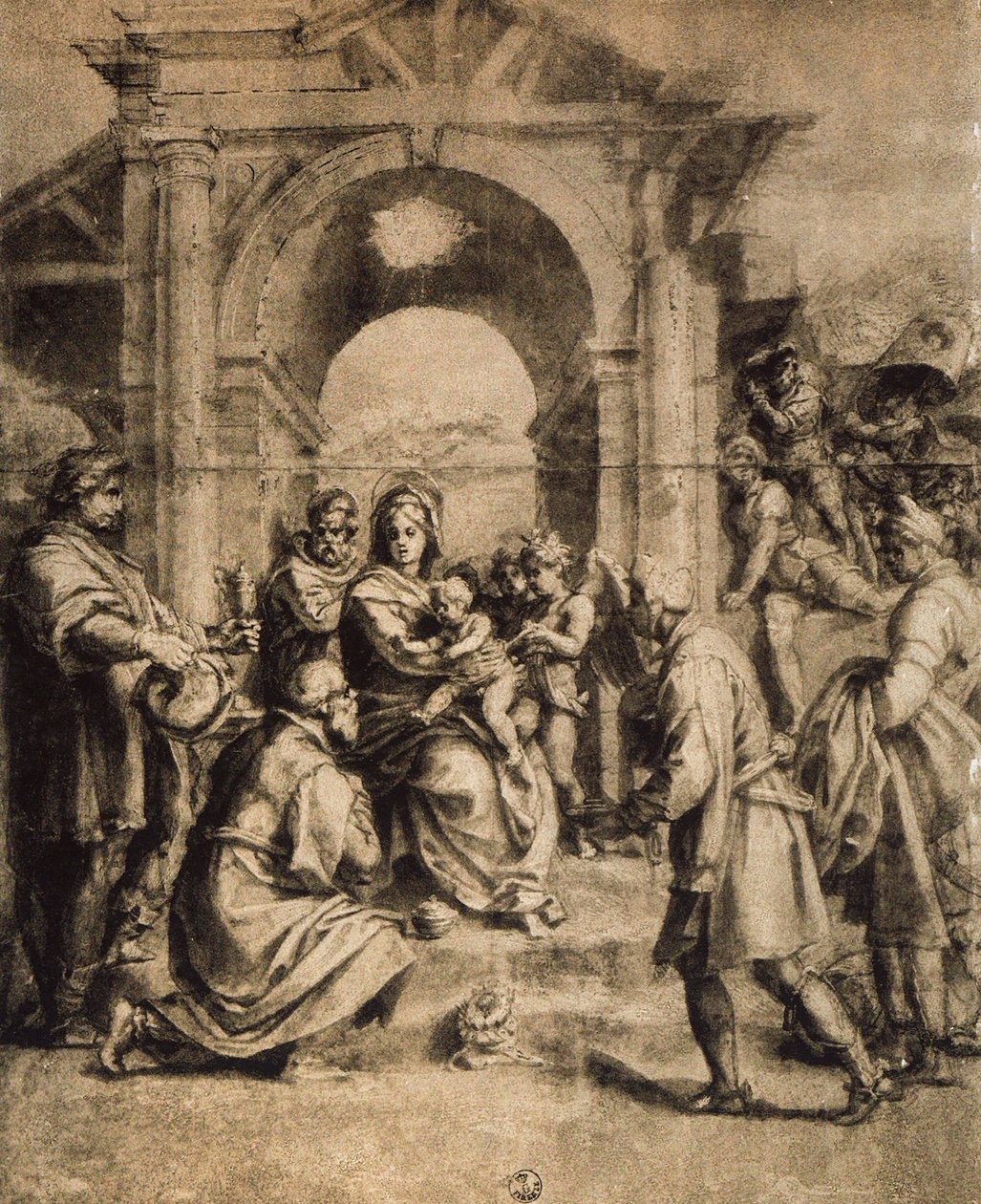 Maagien palvonta, piirustus Andrea del Sarto. Piirustus- ja grafiikkakaappi, Uffizi, Firenze tekijältä Andrea del Sarto