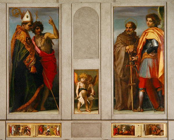 Alttaritaulu neljän pyhän kanssa: arkkienkeli, Mikael, John Gualberto, Bernard ja Johannes Kastaja, 1528 tekijältä Andrea del Sarto