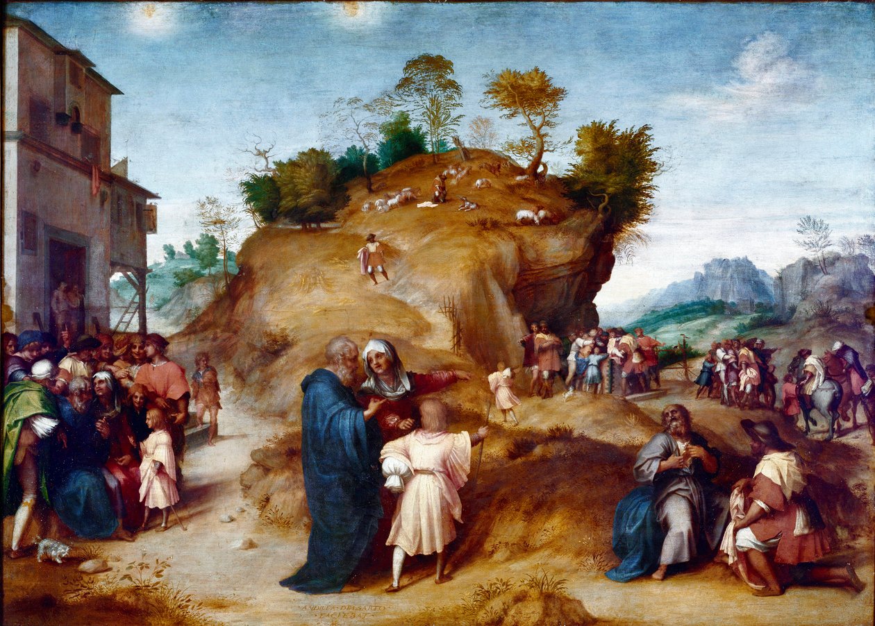 Joosefin, Jaakobin pojan historia: "" Joosef tulkitsee isänsä unia"" Andrea del Sarton (1486-1530) maalaus puulle 1515-1517 Dim. 98x135 cm Firenze, Palazzo Pitti, Galleria Palatina tekijältä Andrea del Sarto