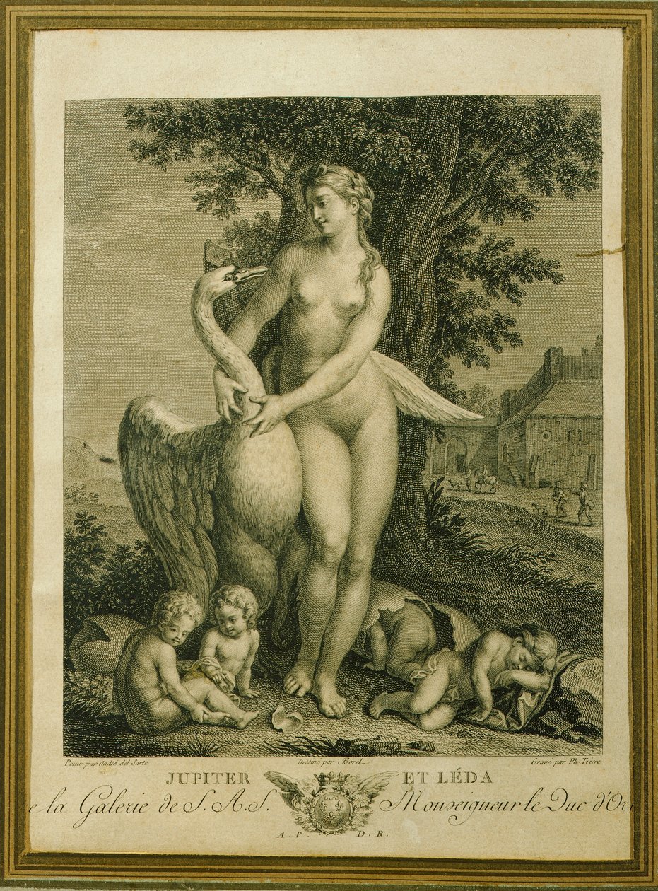 Leda ja joutsen, kaiverrus Philippe Triere (1756-1815), Andrea Del Sarton piirroksesta tekijältä Andrea del Sarto